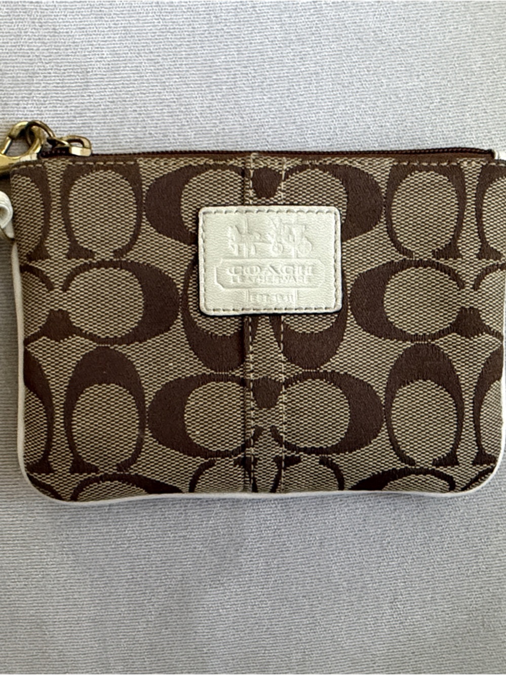 Coach Signature Canvas Wristlet in Brown and Cream